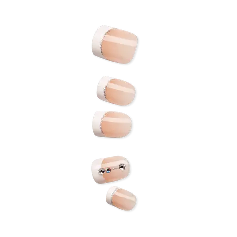 Impress Design No Glue Fake Press On Nails - Falling | 3D & Jewel French, White, Short, Squoval, Manicure