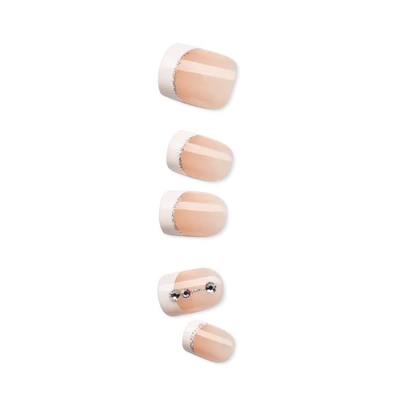 Impress Design No Glue Fake Press On Nails - Falling | 3D & Jewel French, White, Short, Squoval, Manicure