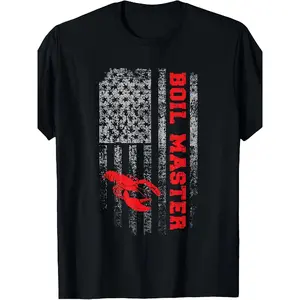 [100% Cotton] 100% Cotton Boil Master Men's Crawfish Boil T-Shirt - American Flag & Crawfish Design, Soft Breathable Round Neck Short Sleeve Tee Suitable for Seafood Boils, Cajun Parties, Outdoor Casual Wear, Machine Washable All-Season Apparel