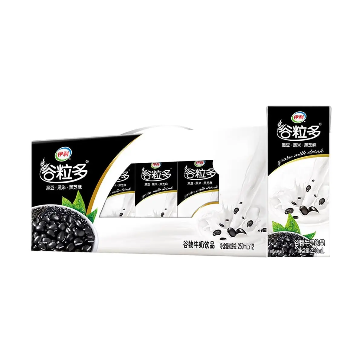 Yili Black Grains Milk Drink - Black Bean, Black Rice, Black Sesame - 250ml x 12 Bottles (3L) - Nutritious Breakfast Beverage, Bulk Pack for Stocking Up