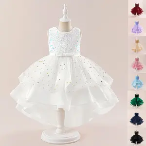 066 Kids Clothes Sequins Tulle White Flower Girl Maroon Ball Gown Pageant Children Princess Prom Host Formal Evening Party Dress 4-9Y