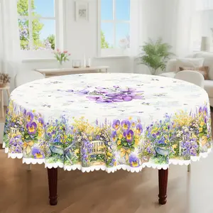 1pc, Spring Summer Themed Party Tablecloth, Morning Glory Bow Basket Floral Printed Design, Rectangular/Round/Oval Table Cloth, Embossed Edge, Suitable For Indoor Outdoor Dining Picnic Dinner Dining Room Decoration