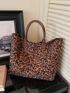 Retro leopard print letter tote bag | Simple silhouette+leopard print+letter design, with practical storage properties, suitable for daily commuting, short trips, school books, and business trips, full of retro commuting style