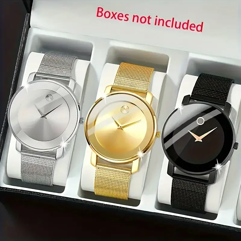 3pcs Set Women's Fashion Quartz Watches - Stainless Steel Mesh Bands, Round Zinc Alloy Case, Non-Rechargeable, Business Style with Stopwatch - Ideal for Gifts summer outfits spring outfits