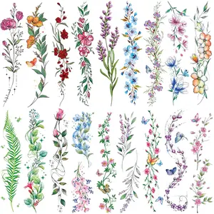 Watercolor Temporary Tattoos For Women Girls-24 Sheets Colorful Flower Lavender Rose Vine Forget-me-not Plum Blossoms Wild flowers Realistic Waterproof Tattoo Stickers Body Art