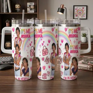 It's Me Jessica Car Cup (40oz/30oz/20oz) Pink Hearts Rainbow Aesthetic Print Stylish Durable Stainless Steel Tumbler Perfect for Office Travel Daily Commute Birthday Gift Fashion Lovers Party Use