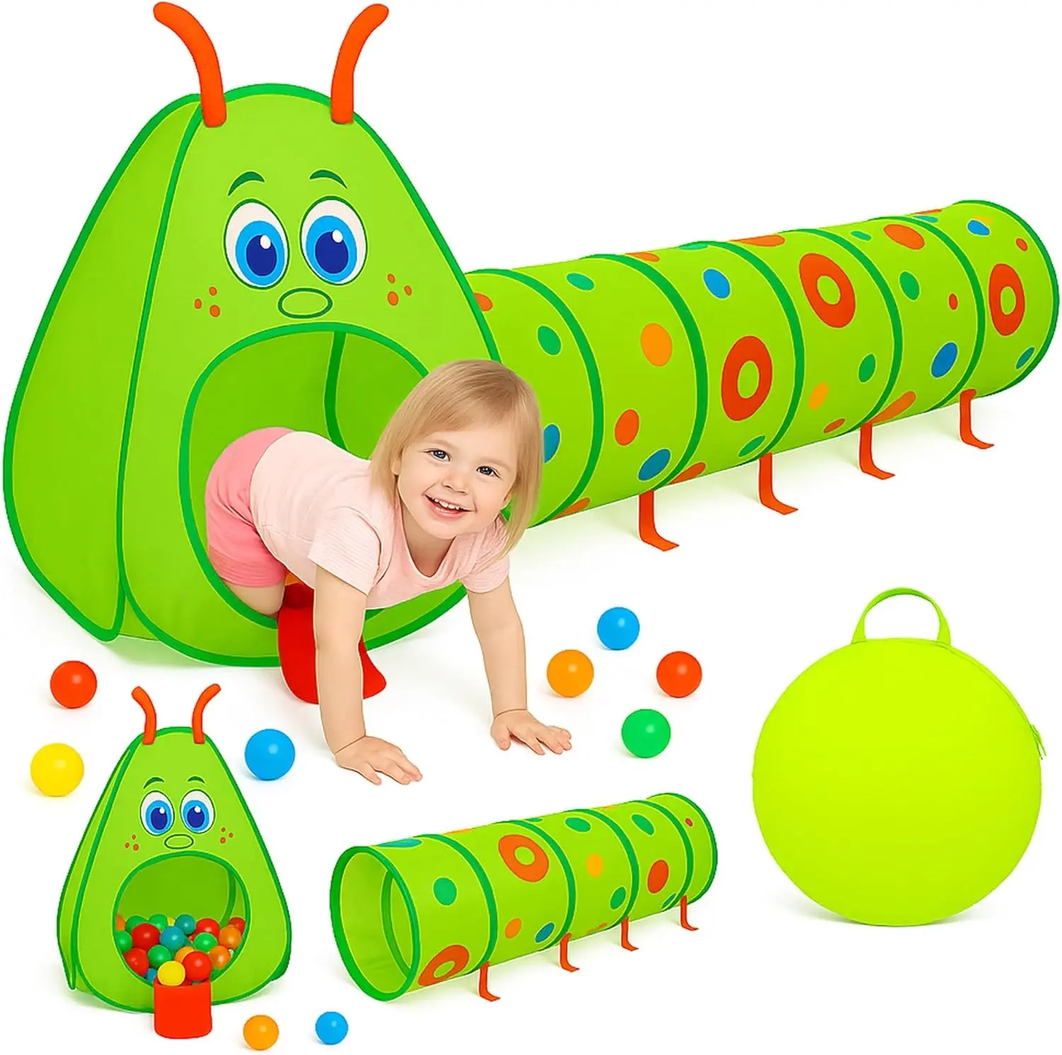Unisex Toddler Caterpillar Fabric Tent & Crawl Tunnel Playset for 3-4 Years, Pop-Up Indoor Play/Outdoor Ball Pit (Balls Not Included), Folds Flat for Storage