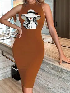 Women's Cartoon Girl Print Halter Neck Sleeveless Bodycon Dress, Fashion Casual Dress for Daily Outdoor Wear, Ladies Clothes for All Seasons