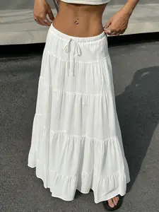 Women's Solid Color Tiered Maxi Skirt, Casual Drawstring Waist Flowy Ruffle Long Skirt For Beach Vacation And Daily Wear