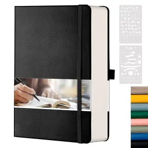 Bullet Dotted Journal Notebook, 320 Pages A5 Hardcover Leather Journal, Dot Grid Notebook with 100gsm Thick Paper, Pen Holder, Journal Stencils, Inner Pocket, 5.75" x 8.38"