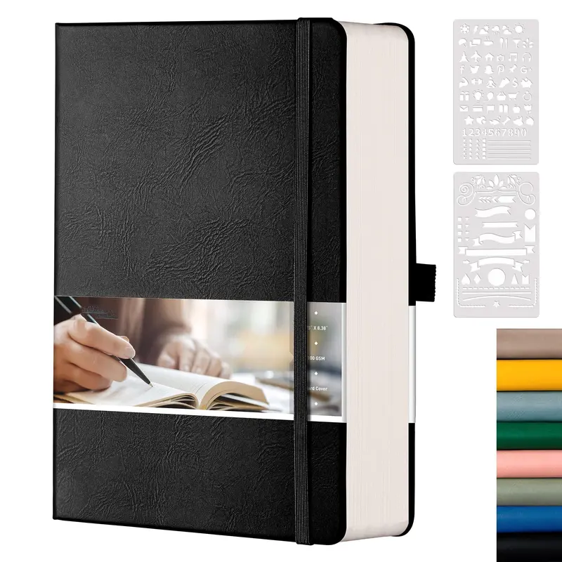 Bullet Dotted Journal Notebook, 320 Pages A5 Hardcover Leather Journal, Dot Grid Notebook with 100gsm Thick Paper, Pen Holder, Journal Stencils, Inner Pocket, 5.75" x 8.38"