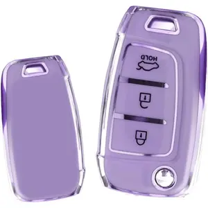 TPU Key Fob Cover for Hyundai Elantra Solaris 2 Tucson I30 I35 I40 Ix35 Kona Genesis Santa Fe Azera Verna Accent Celesta Sonata Accessories Key Shell Cover Flip 3 Button Key-Puprle