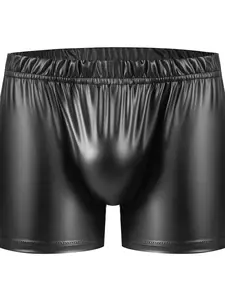 Men's Shiny Soft Leather Underwear Boxers, Sexy Solid Stretch Bulge Pouch Underpants, Elastic Waistband Slim Fit Low Waist Shorts, Underwear Boxer Briefs