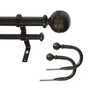 Dwell Smart 1" Double Curtain Rod with Sable Finials and holdbacks- 28''- 48'', 48"-84", 84"-120" (Black Gold,Weathered White，Bronze Gold)