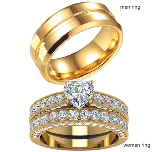 Couple Rings Matching Rings Yellow Gold Plated 1ct AAA CZ 2pcs Women Wedding Ring Sets For Him And Her Ring Sets Men Titanium Steel Wedding Band