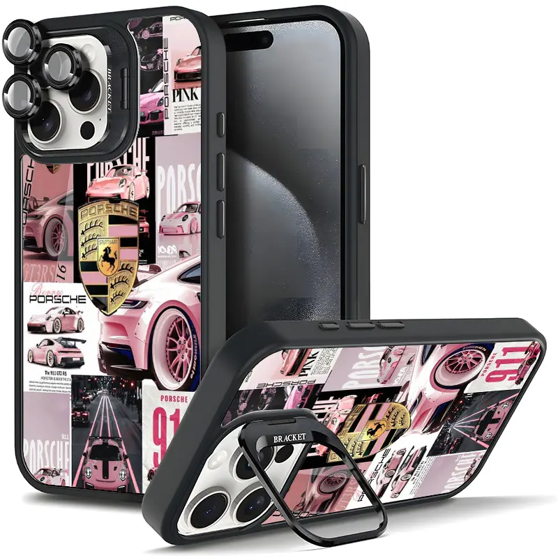 Porsche 911 Pink Collage TPU Smartphone Case - Stylish Sports Car Design for iPhone 11-17/AIR/PRO PLUS MAX & Samsung Devices, Anti-Drop Protection with Tough Magnetic Metal Camera Frame, Film, Bracket Stand, Gift Cover 11X-L1161