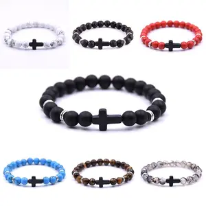 1pc/2pc Fashion 8mm Natural Stone Elastic Bracelets For Women Men, Black Cross Bracelet