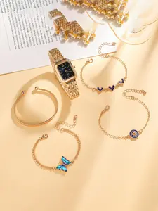 Elegant Luxury Alloy Quartz Watch and Bracelet Jewelry Set for Fashionable Women, 5pcs Set with Exquisite Decoration for Daily Wear, Fashionable Analog Watch