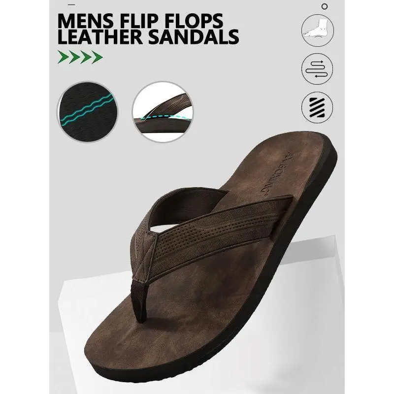Men's flip flops, stylish and comfortable non-slip design leather slippers suitable for daily outdoor and beach wear arch support durable Sandal Black Flipflops Summer Shoe Walking Shoes Footwear Soft