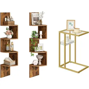 Corner Shelf Wall-Mounted and C Shaped End Table, Set of 2 Floating Corner Shelves, Small Side Table for Couch, Gold Sofa Table with Tempered Glass BF25BJP201-GD08SF01