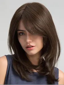 Brown With Bangs Long Wig For Women Curtain Bangs Synthetic Layered Wig Long Wavy Medium Brown Wig Light 20inch Ombre Wig For Daily Party Use Heat Resistant Wig