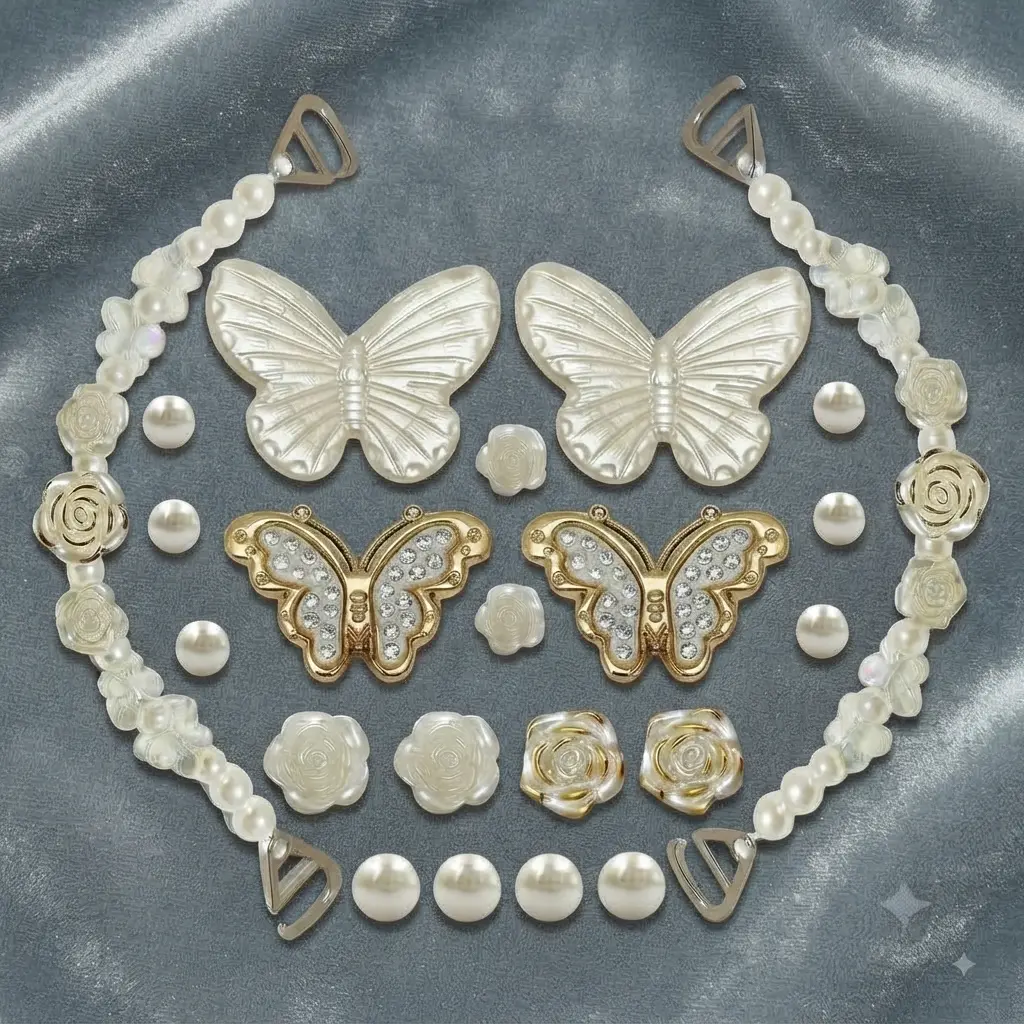 Luxury Crocs Shoe Charms Set – Pearl Butterfly & Floral Shoe Charms, Elegant Coquette Clog Accessories, Fairy Aesthetic Shoe Decorations for Women & Girls, Cute DIY Charms for Everyday Wear, Parties & Gifts.