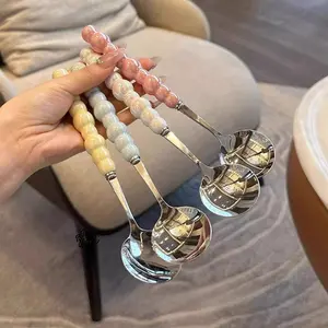 Four Color Pearl Stainless Steel Spoon, High-End Long Handle Ceramic Look Western Dining Spoon, Stylish Eating Soup Spoon, Round Spoon Ladle