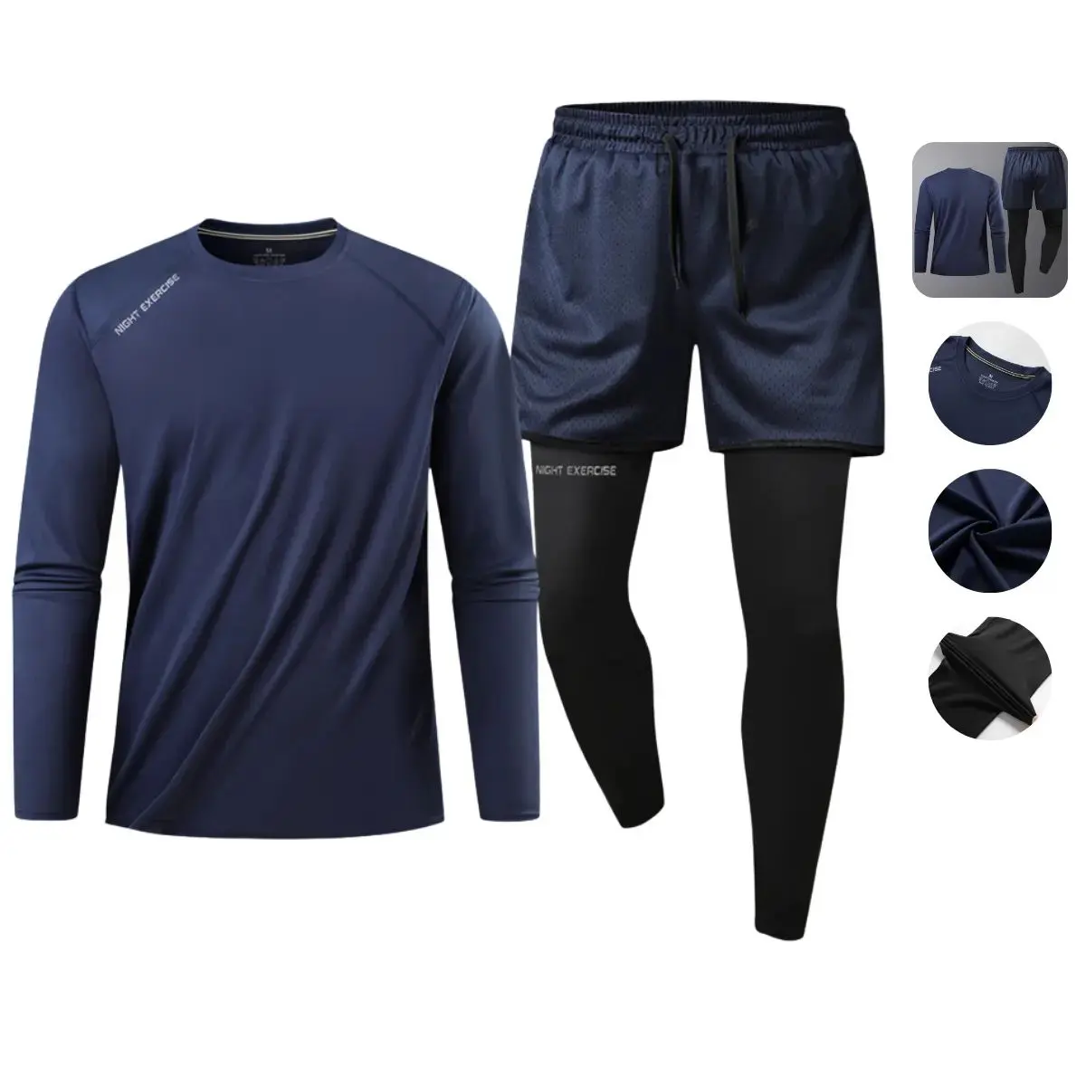 Men's Sports Two-Piece Set with Long-Sleeve Top & Breathable Mesh Shorts Quick-Dry Fabric Reflective Strips Drawstring Waistband for Enhanced Visibility