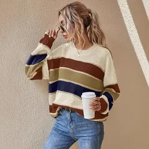Women's Colorblock Striped Print Drop Shoulder Sweater, Casual Long Sleeve Round Neck Jumper for Fall & Winter, Fashion Ladies' Knitwear for Daily Wear Clothes Womenswear Piece Tops