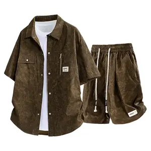 2026 Hot Style Detroit Short Sleeve Shirt + Shorts Two-Piece Set for Men American Retro Cleanfit Tie-Dye Workwear Short Sleeve Set Brown CorduroyRAIMENTRY