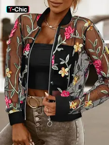 Women's Floral Embroidery Sheer Crop Jacket Coats, Casual Long Sleeve Zipper Front Outerwear for Spring & Fall, Ladies Clothes for Daily Wear