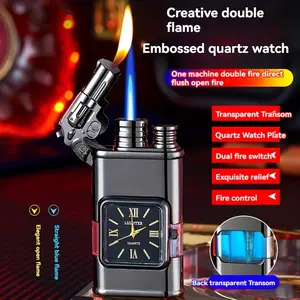 Double Flame Creative Windproof Torch Lighter Portable Lighter That Can Be Repeatedly Refilled With Butane Gas Retro Quartz Dial Torch Lighter Men's Gift Gift Box Packaging (Butane Gas Not Included)