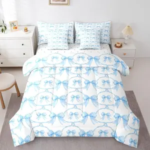 Cartoon Bowknot 7 Piece Comforter Set,Bow Knot Bedding for Kids Butterfly Knot Bow Tie Sheet Set,Bed in A Bag Watercolor Aesthetic Coquette Room Decor Geometric Blue Bed Set