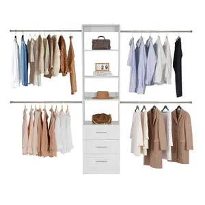 VEVOR Closet System with 3 Drawers, Adjustable Height Wooden Closet Organizers, Modern Walk-in Wardrobe Organization with 3 Retractable Clothes Hanger Rods, Freestanding Garment Rack Storage, WhiteVEVOR Super Brand Day