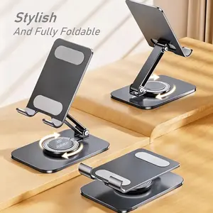 360° Rotating Cell Phone Stand for Desk, Adjustable & Foldable Phone Holder, Aluminum Desktop Phone Stand with Anti-Slip Base, Compatible with iPhone, iPad, Android Phones