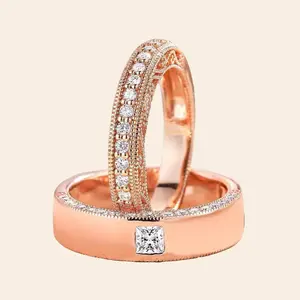 Vintage Minimalist His & Hers Couple Ring Set in 10k Rose Gold with 1.20 ct Brilliant Moissanite Halo Band & Princess-Cut Moissanite Men’s Band | Engagement Rings, Wedding Bands, Promise Rings, Anniversary Gift for Couples