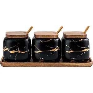 3 Pcs Porcelain Condiment Jar Pot Spice Container Ceramic Seasoning Jar with Lid Spoon and Tray Great for Home Kitchen Counter, Black