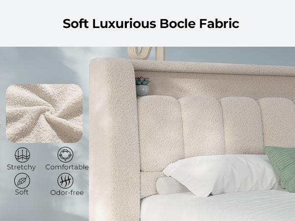ADORNEVE King Size Bed Frame with Upholstered Boucle Headboard, Customizable LED Lighting, Charging Station, Soft Foam Padding, Rounded Corners - Ideal for Bedroom Decor, Functional Home Use,dorm essentials,home decor