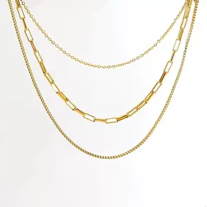 SHOW CRAFT Golden Fashion Three-Layer Stacked Stainless Steel Necklace High-Quality Temperament Collarbone Titanium Steel Chain 36cm-42cm-47cm Length Fashionable Jewelry Gift for Adults Not Fading