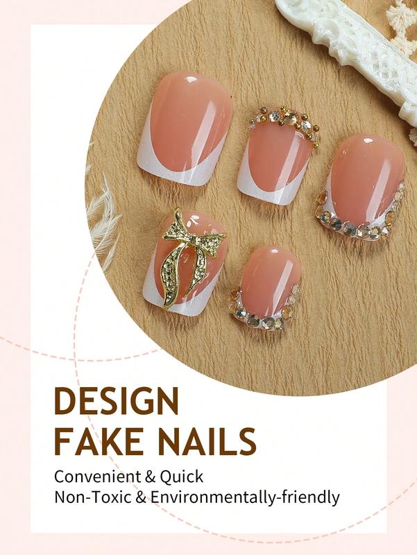 24Pcs Short Square Press-On Nails with White French Tips & Crystal Bow Rhinestone Decor - Nude Pink Base, Elegant Glamour for Daily or Occasion Wear