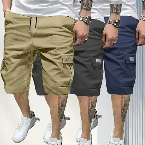 Men's 3-Piece Cargo Shorts Set - Brown, Black & Green - Mid-Rise, Drawstring Waist, Fitted Cut - Multi-Pocket, Slanted Pockets, Breathable, Classic Plain - Casual Fashion Versatile Everyday Menswear