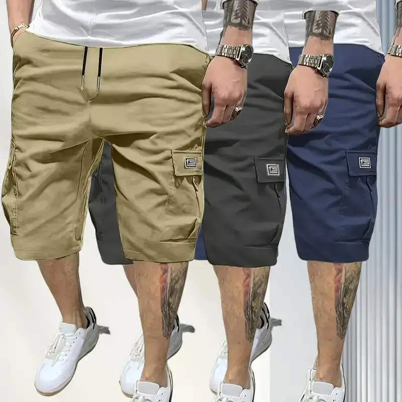 Men's 3-Piece Cargo Shorts Set - Brown, Black & Green - Mid-Rise, Drawstring Waist, Fitted Cut - Multi-Pocket, Slanted Pockets, Breathable, Classic Plain - Casual Fashion Versatile Everyday Menswear