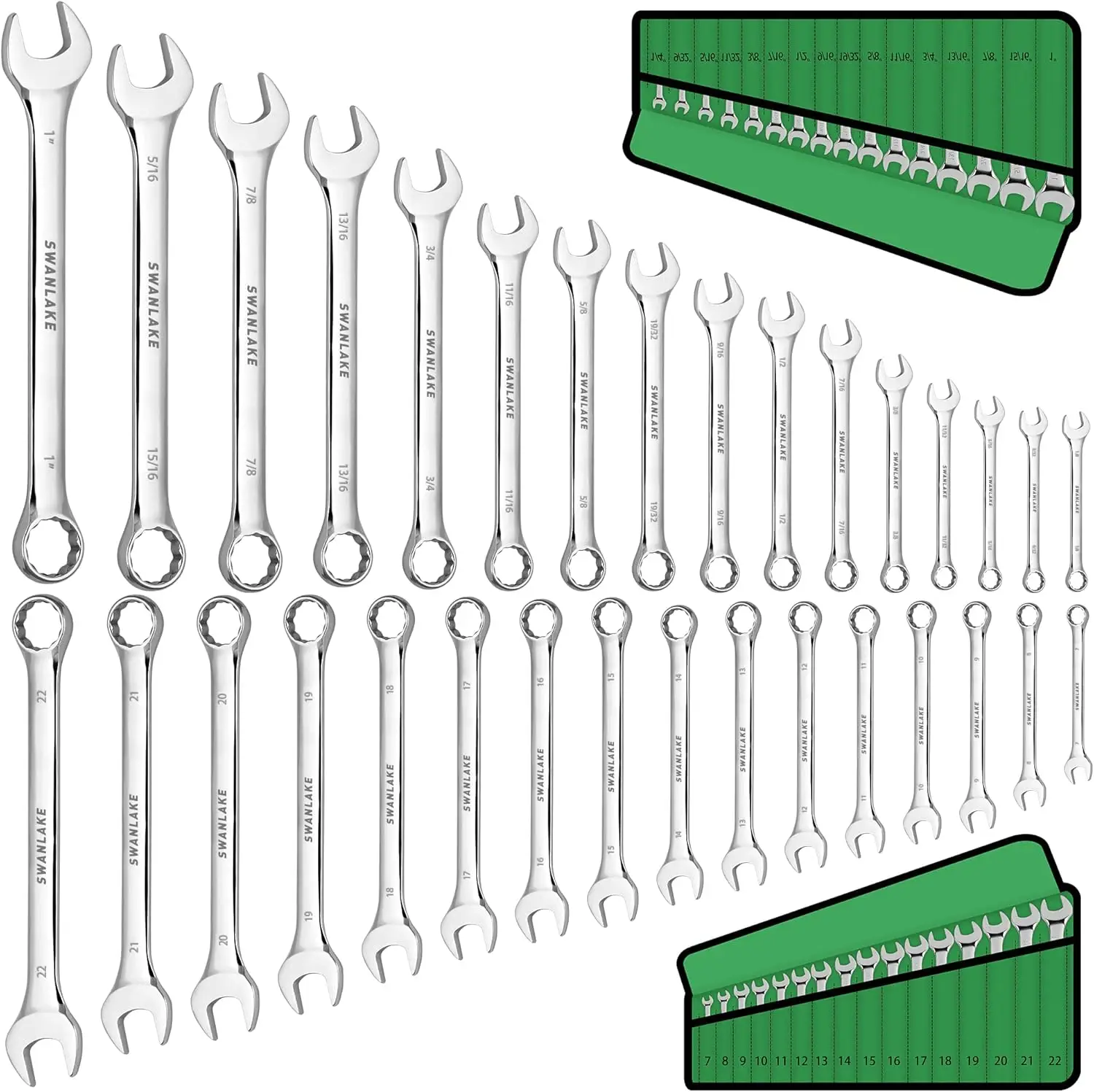 SWANLAKE 32-Piece Combination Wrench Set, SAE and Metric, 1/4"-1" & 7mm-22mm, 12 Point, Chrome Vanadium Steel Metric combination wrench green wrench c