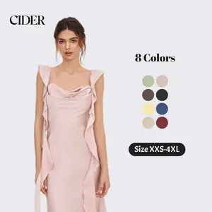 Cider [4 colors, size 0-26] Satin Cowl Neck Solid Ruffle Hem Maxi Dress