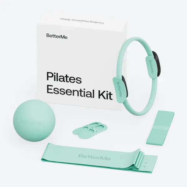 BetterMe Subtle Mint Pilates Full Body Kit - Travel-Ready, Wipe Clean Multiple Items Set with Ring, Resistance Bands, Ball & Grip Socks for Home Workouts