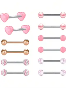12pcs/Set 14G Tongue Piercing Barbells Stainless Steel Straight Barbell Nipple Rings Belly Button Rings Body Piercing Jewelry For Women Length 16mm Body Piercing Kit