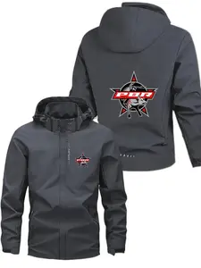 Men's Fashionable Pbr Logo Jacket, Casual Hooded Design, Zipper Pocket, Polyester Material, Spring & Fall Wear, Loose-Fitting Outerwear