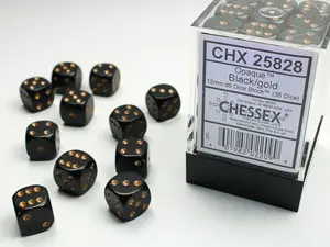 Opaque (Black/Gold) Chessex Brand 12mm D6 Dice Set 36ct.