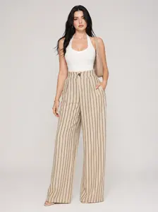 Women’s Striped Linen Pants High Rise Wide Leg Elastic Back Waist Casual Summer Trousers