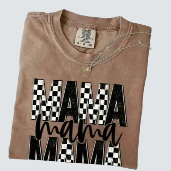 Comfort Colors Checker & Faux Glitter 'Mama' Completed Tee Top Womenswear New Shirt, Gift Your Mom/Granma, Gifts for Men and Women